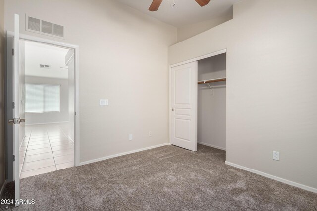 3847 W Yellow Peak Dr, San Tan Valley, AZ 85144 - unfurnished bedroom with a ceiling fan, baseboards, visible vents, a closet, and carpet flooring