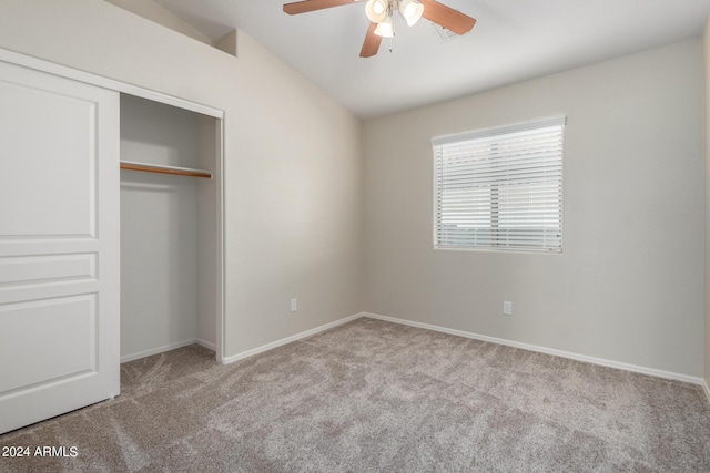 3847 W Yellow Peak Dr, San Tan Valley, AZ 85144 - unfurnished bedroom with a closet, baseboards, carpet flooring, lofted ceiling, and ceiling fan