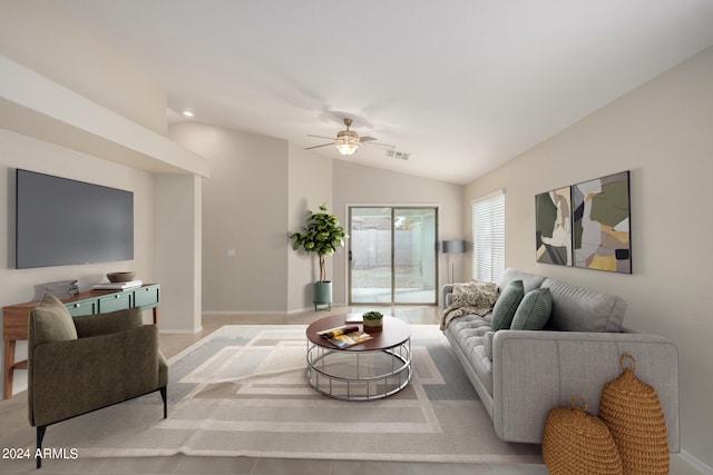 3847 W Yellow Peak Dr, San Tan Valley, AZ 85144 - tiled living room featuring vaulted ceiling, a ceiling fan, visible vents, and baseboards