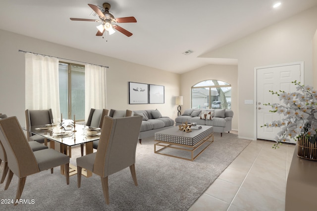 3847 W Yellow Peak Dr, San Tan Valley, AZ 85144 - dining space with light tile patterned floors, visible vents, ceiling fan, and vaulted ceiling