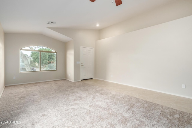3847 W Yellow Peak Dr, San Tan Valley, AZ 85144 - empty room featuring visible vents, light colored carpet, a ceiling fan, and vaulted ceiling