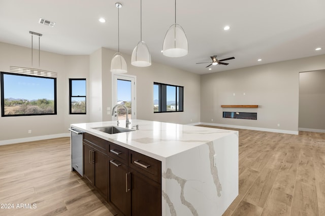 kitchen with light hardwood / wood-style flooring, a healthy amount of sunlight, sink, and hanging light fixtures