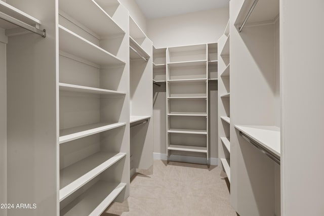 walk in closet featuring light carpet