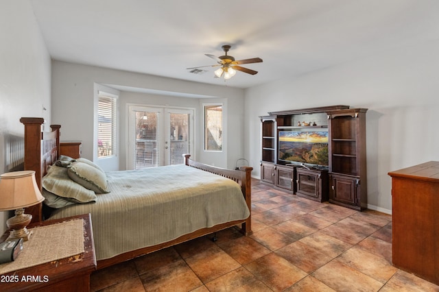 bedroom with baseboards, visible vents, ceiling fan, and french doors