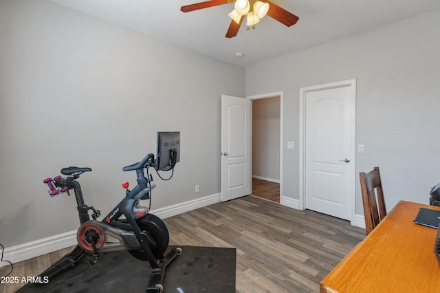 workout area featuring ceiling fan, baseboards, and wood finished floors