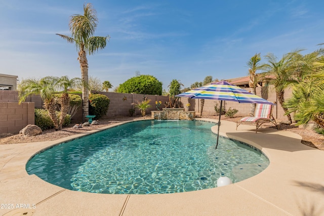 view of swimming pool with a fenced in pool, a patio area, and a fenced backyard