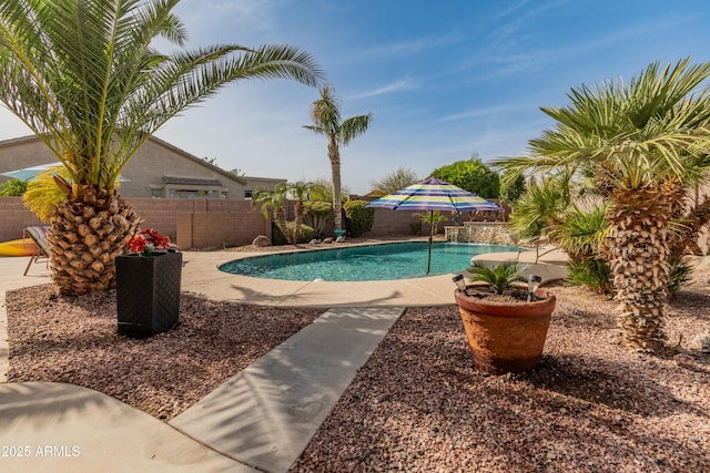 view of pool featuring a fenced in pool, a fenced backyard, and a patio