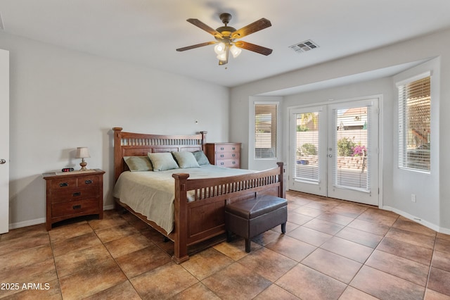 bedroom with baseboards, visible vents, access to exterior, french doors, and light tile patterned flooring