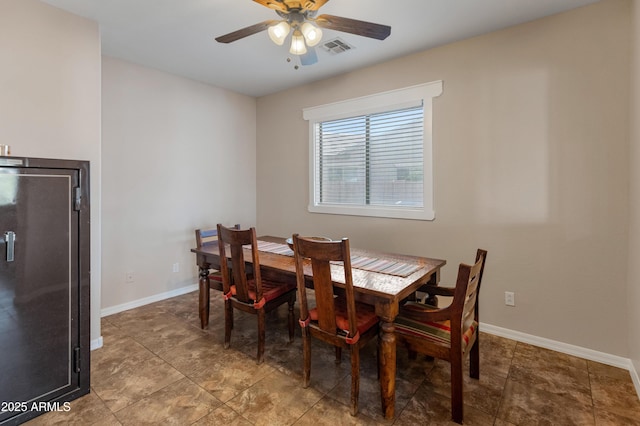 dining room with a ceiling fan, visible vents, and baseboards