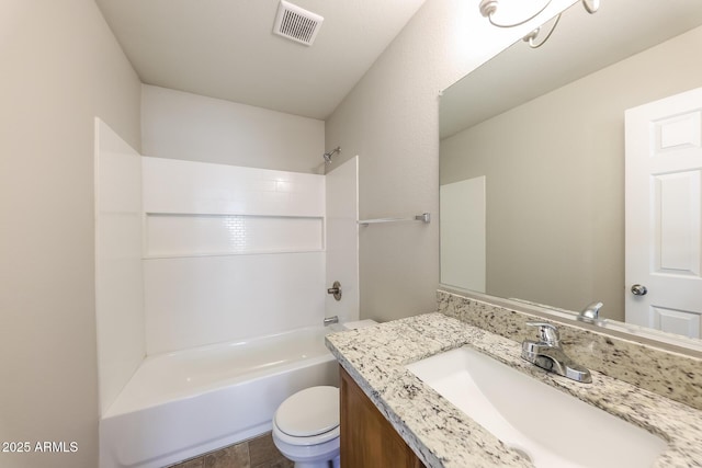 full bath featuring toilet, visible vents, shower / washtub combination, and vanity