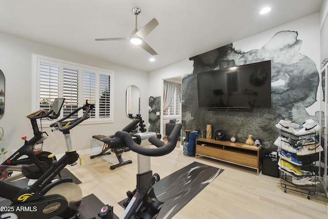 exercise area with light hardwood / wood-style floors and ceiling fan