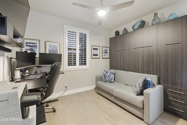 home office with ceiling fan and light wood-type flooring