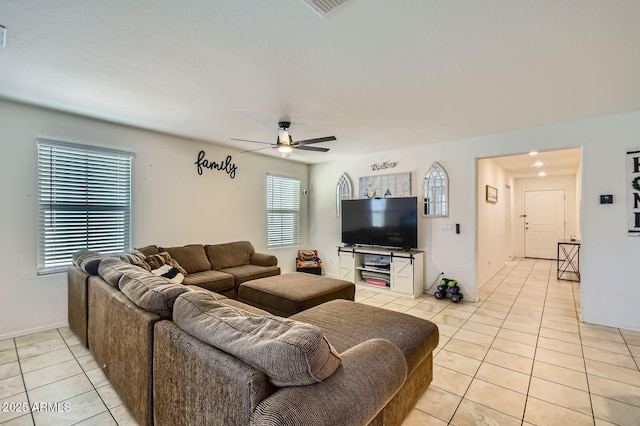 2955 E Flossmoor Ave, Mesa, AZ 85204 - living room featuring light tile patterned floors and ceiling fan