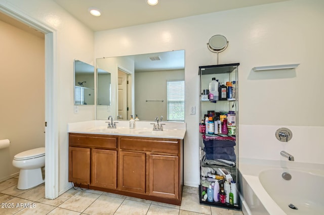 2955 E Flossmoor Ave, Mesa, AZ 85204 - full bath with double vanity, tile patterned floors, a bath, and recessed lighting