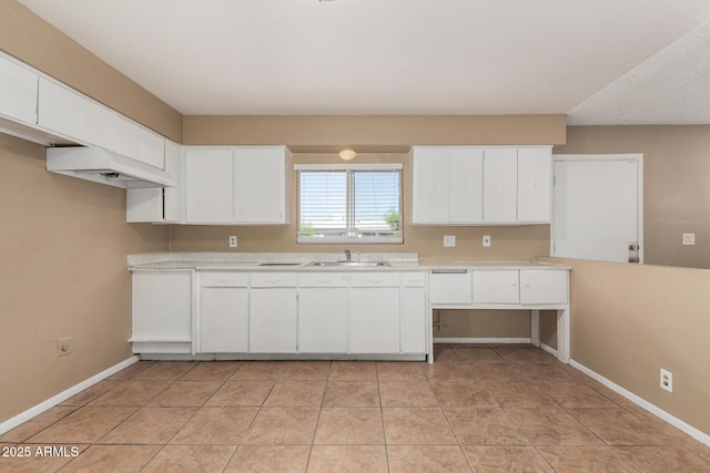 649 S Temple St, Mesa, AZ 85204 - kitchen featuring a sink, light countertops, white cabinets, baseboards, and under cabinet range hood