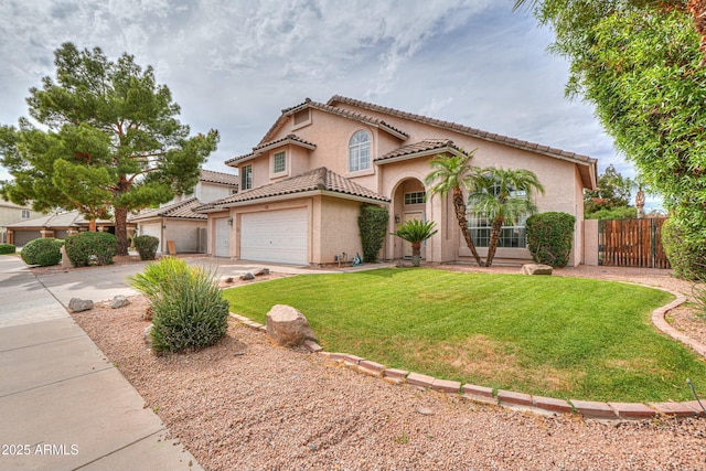 2218 E Anchor Dr, Gilbert, AZ 85234 - mediterranean / spanish-style home with fence, a tiled roof, a front lawn, stucco siding, and driveway
