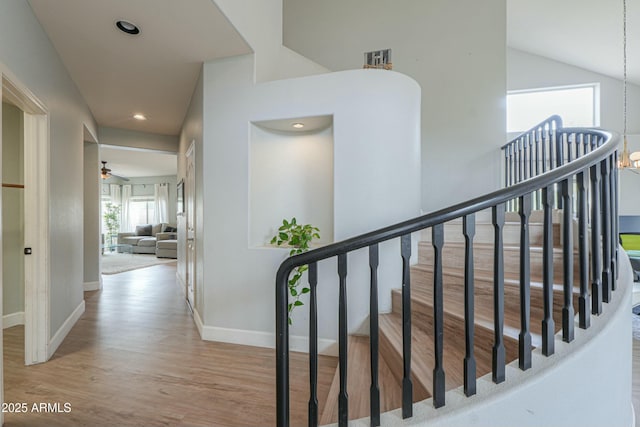 2218 E Anchor Dr, Gilbert, AZ 85234 - staircase with baseboards, a ceiling fan, wood finished floors, and recessed lighting