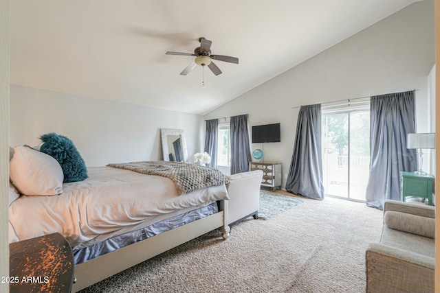2218 E Anchor Dr, Gilbert, AZ 85234 - bedroom featuring ceiling fan, lofted ceiling, access to exterior, and carpet floors