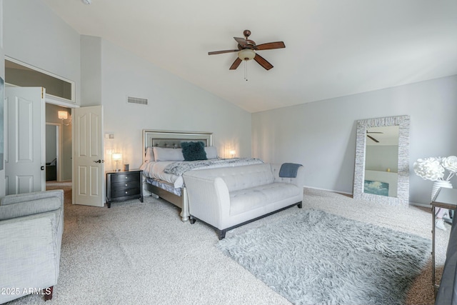 2218 E Anchor Dr, Gilbert, AZ 85234 - bedroom with visible vents, carpet flooring, high vaulted ceiling, and a ceiling fan