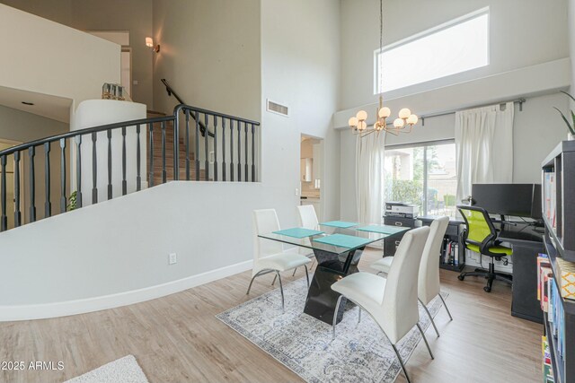 2218 E Anchor Dr, Gilbert, AZ 85234 - dining room featuring stairway, a high ceiling, wood finished floors, visible vents, and a chandelier