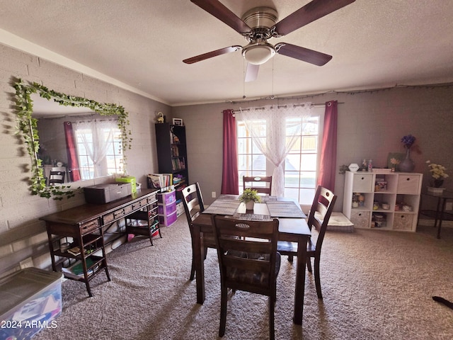 carpeted dining area featuring a textured ceiling, ceiling fan, and plenty of natural light