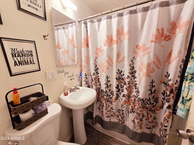 bathroom with toilet, sink, hardwood / wood-style flooring, and a shower with curtain