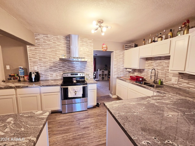 kitchen with sink, stainless steel electric range oven, wall chimney range hood, and a textured ceiling