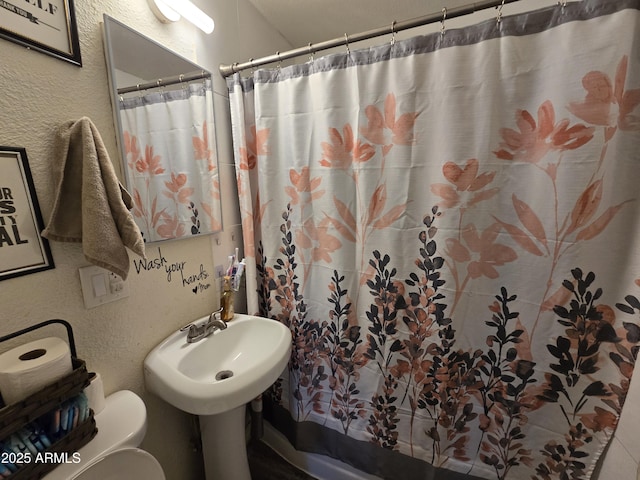 bathroom featuring toilet and a shower with shower curtain