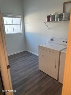 clothes washing area featuring dark hardwood / wood-style flooring and independent washer and dryer