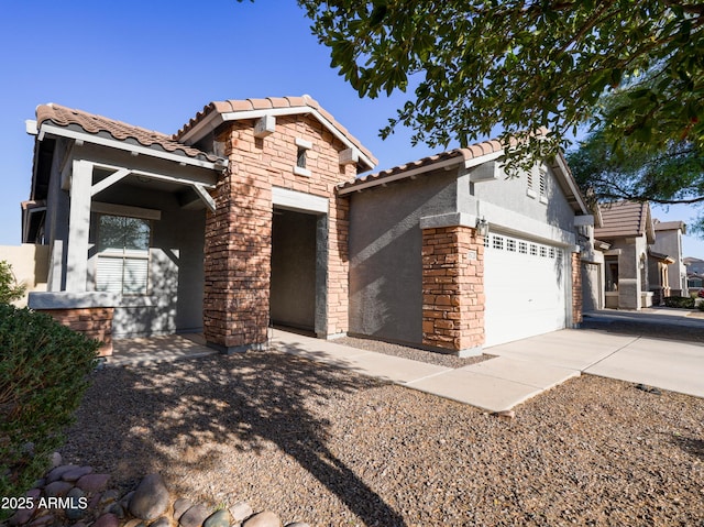 35721 N Zachary Rd, Queen Creek, AZ 85144 - view of front of property with a tile roof, concrete driveway, an attached garage, stone siding, and stucco siding
