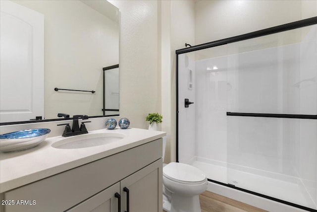 full bathroom with a shower stall, toilet, and vanity