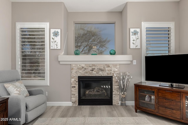 living room with light hardwood / wood-style flooring and a stone fireplace