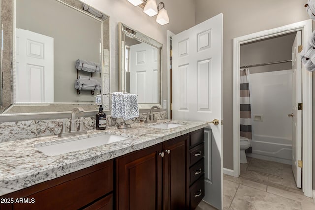 full bathroom featuring toilet, shower / tub combo, tile patterned floors, and vanity