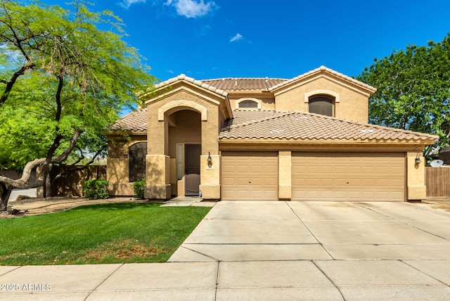 1268 N Pine St, Gilbert, AZ 85233 - mediterranean / spanish home with a garage, driveway, stucco siding, and a tiled roof
