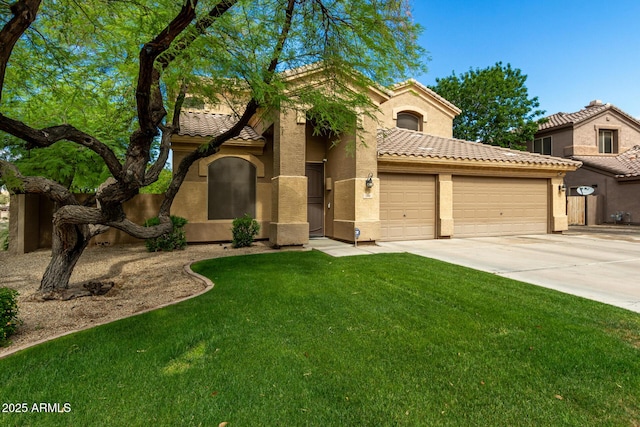 1268 N Pine St, Gilbert, AZ 85233 - mediterranean / spanish-style home featuring a tiled roof, an attached garage, driveway, stucco siding, and a front yard