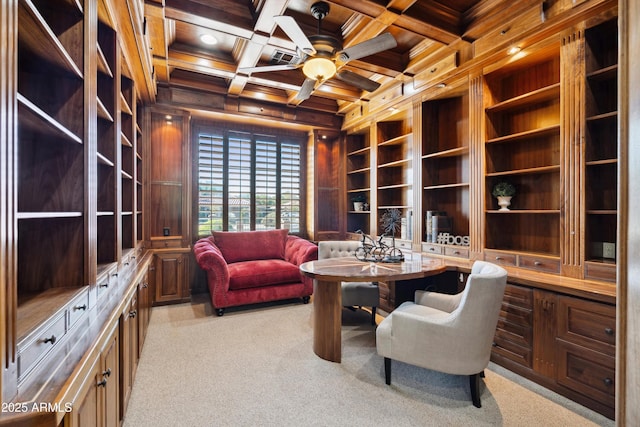 carpeted home office featuring wooden walls, ceiling fan, wood ceiling, coffered ceiling, and beamed ceiling