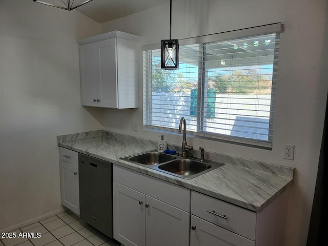 kitchen featuring a healthy amount of sunlight, white cabinets, sink, and dishwasher