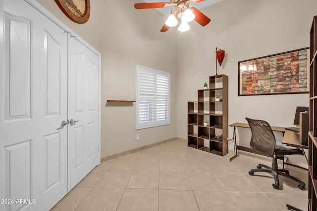 tiled office with ceiling fan