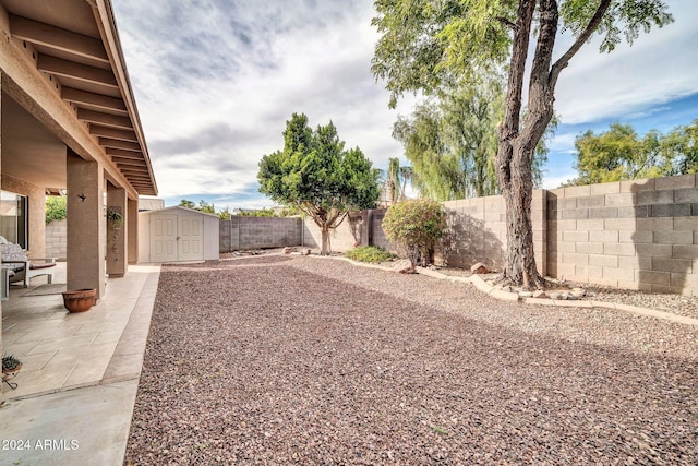 view of yard featuring a storage unit and a patio