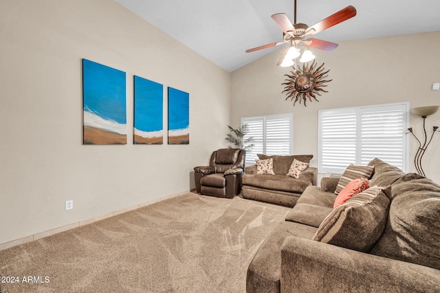 living room featuring high vaulted ceiling, ceiling fan, and carpet floors