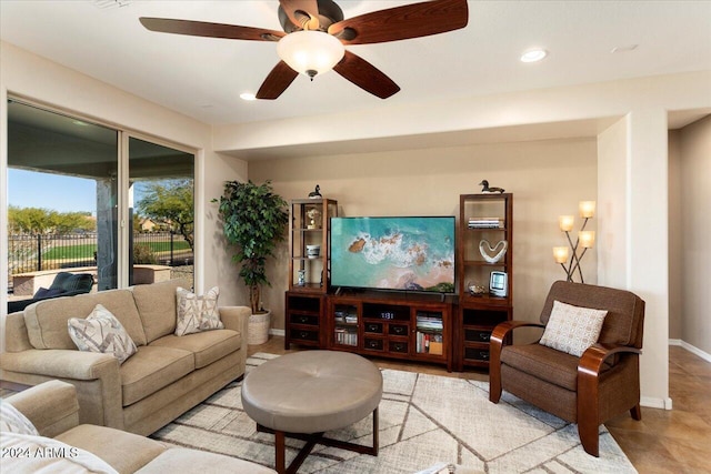 living room featuring ceiling fan