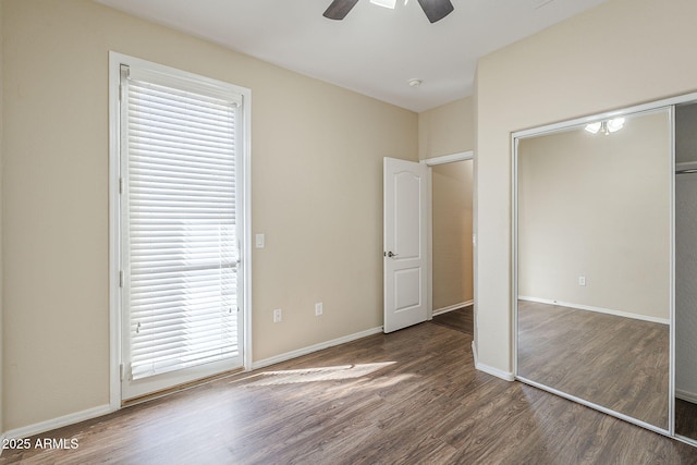 1170 S Agnes Ln, Gilbert, AZ 85296 - unfurnished bedroom with a ceiling fan, baseboards, and wood finished floors