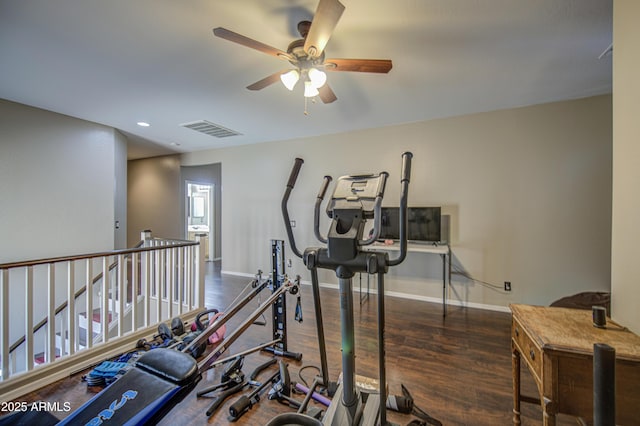 6811 W Darrel Rd, Laveen, AZ 85339 - workout area featuring wood finished floors, a ceiling fan, visible vents, baseboards, and recessed lighting