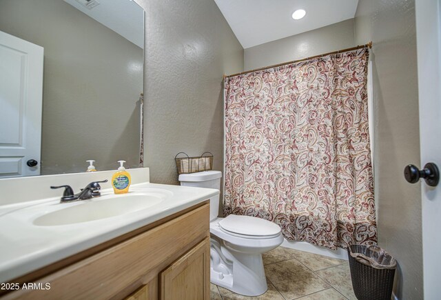 6811 W Darrel Rd, Laveen, AZ 85339 - full bath with toilet, shower / bath combo with shower curtain, tile patterned floors, a textured wall, and vanity