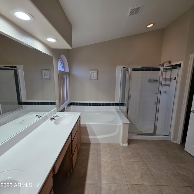 1032 E Sheffield Ave, Chandler, AZ 85225 - full bath featuring double vanity, a bath, tile patterned floors, a shower stall, and recessed lighting