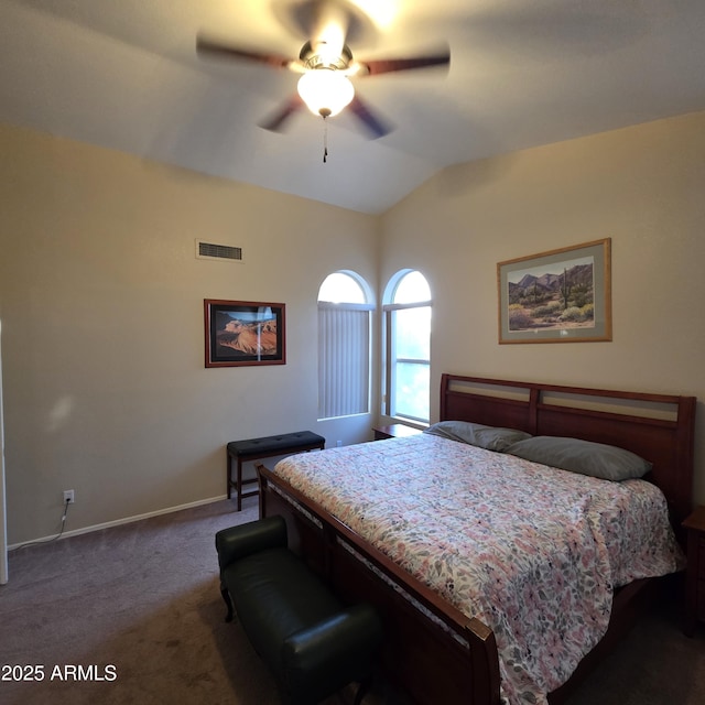1032 E Sheffield Ave, Chandler, AZ 85225 - bedroom featuring dark carpet, lofted ceiling, and a ceiling fan