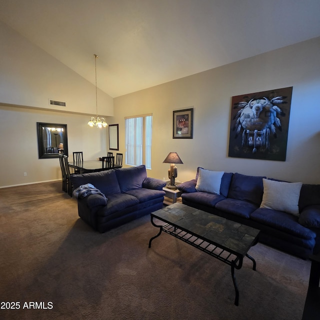1032 E Sheffield Ave, Chandler, AZ 85225 - living area with a chandelier, carpet, and high vaulted ceiling