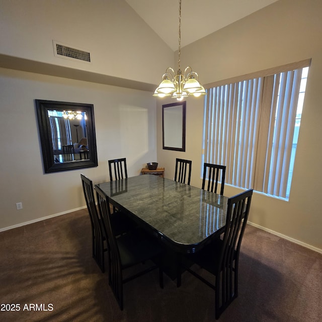 1032 E Sheffield Ave, Chandler, AZ 85225 - dining area with a chandelier, dark colored carpet, and lofted ceiling