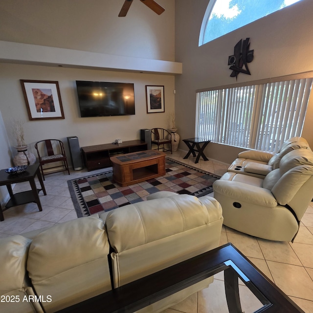 1032 E Sheffield Ave, Chandler, AZ 85225 - tiled living room featuring ceiling fan and a high ceiling