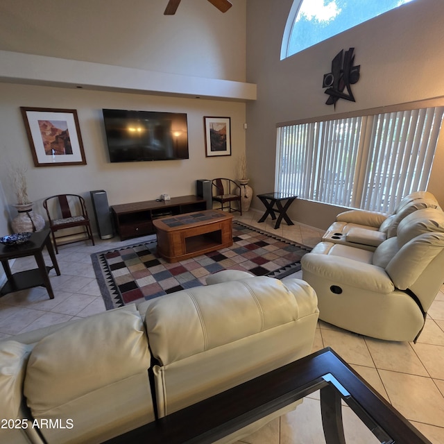 1032 E Sheffield Ave, Chandler, AZ 85225 - living room featuring tile patterned flooring, a ceiling fan, and a towering ceiling